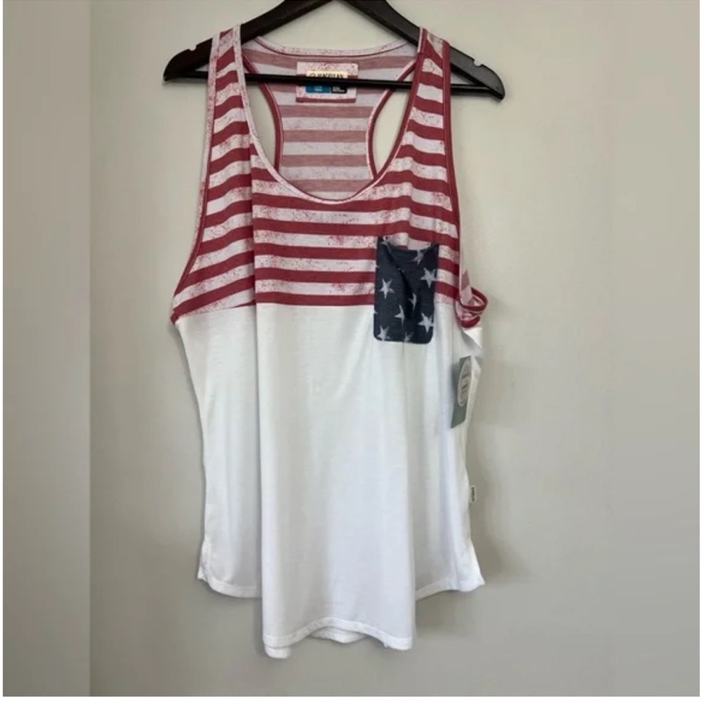 Magellan Outdoors Red and White Striped Tank Top with Blue Star Pocket